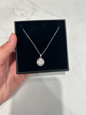 Silver Round Halo Pendant Necklace with Clear Stones